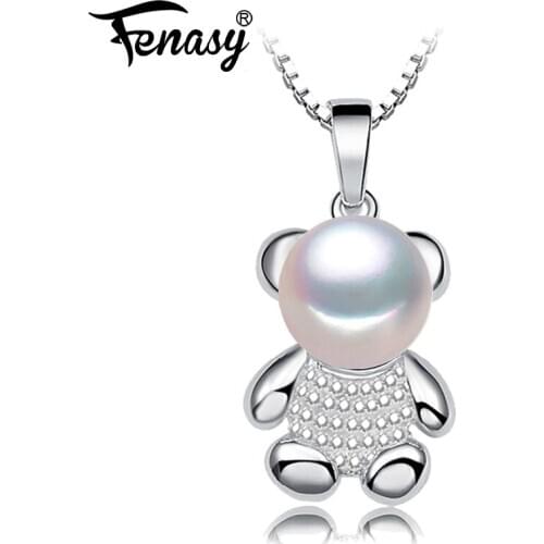 FENASY 925 Sterling Silver Natural Pearl Necklace For Women Bohemian Bear Trendy Cubic Zirconia CZ Necklace Birthday Gift
