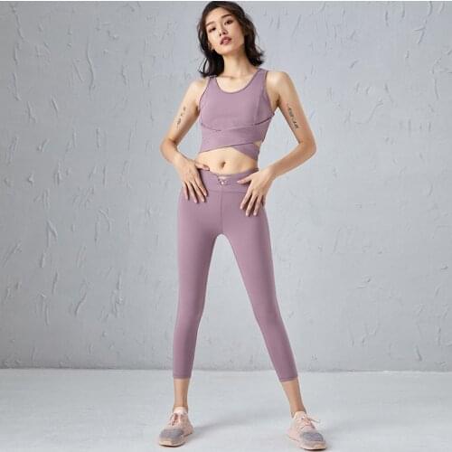 Spring and Summer New Fitness Yoga Suit Womens Back Strap Top High Waist Tight Elastic Hip Pants Two Piece Set