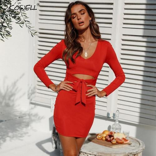 Hot Sale Casual Atumn Dress Long Sleeve V-Neck Hollow Out Bandage Sexy Mini Dress Bodycon Sexy Club Party Dress Vestidos