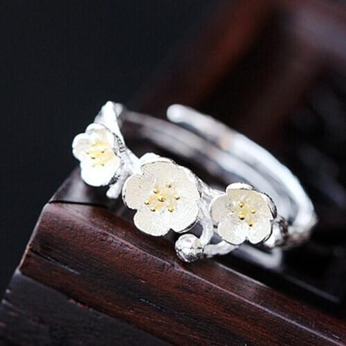 Milangirl Handmade Blossom Plum Flower Opening Rings For Women Banquet Party Jewelry