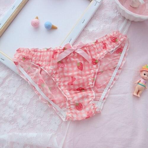 Cute Lolita Mesh Breathable Strawberry Panties Sexy Lace Underwear Women Lenceria Sexi Para Mujer Japanese Kawaii Pink Thong