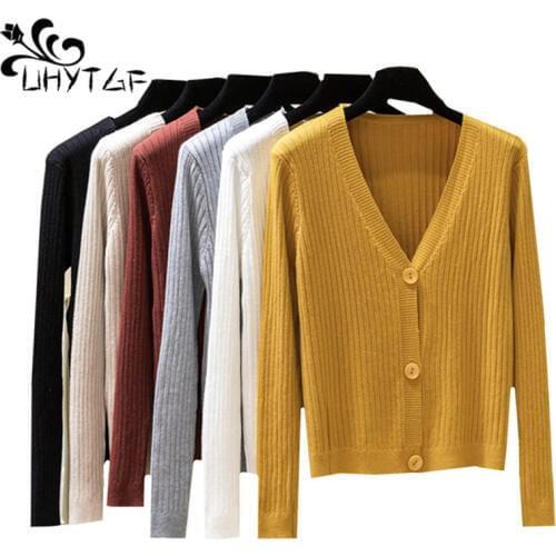 UHYTGF Fashion Women Knitted Sweater Cardigan Long Sleeve Single-breasted Thin Casual Sweater Coat Autumn Slim Sweaters Lady 802