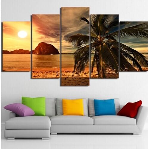 Wall Art Canvas Paintings HD Prints Posters 5 Pieces Tropical Beach Palm Trees Sunset Seascape Pictures Living Room Home Decor