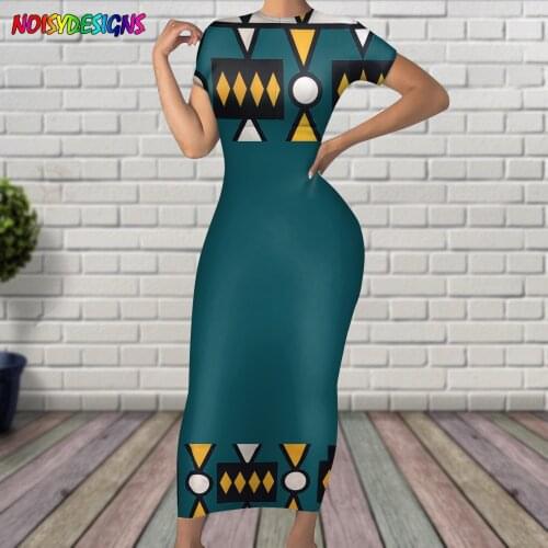 NOISYDESIGNS Retro African Tribal Printed Women Blue Dress O Neck Short Sleeve Pencil Dresses Ladies Dress Summer Fashion Dress