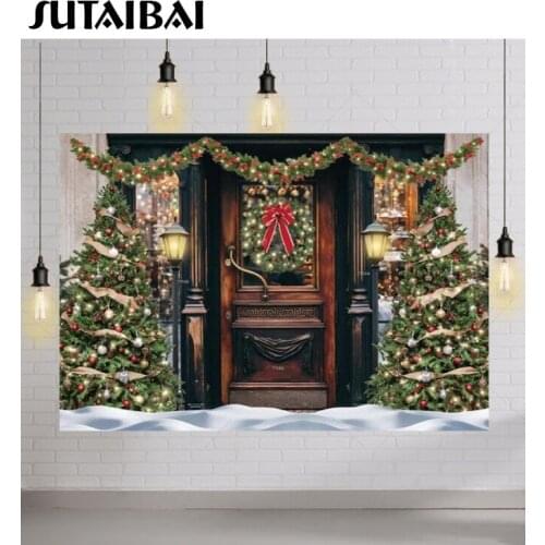 Christmas Party New Year Background Xmas Shop Store Lights Wreath Vintage Wood Door Decoration Banner Winter Snow Photocall