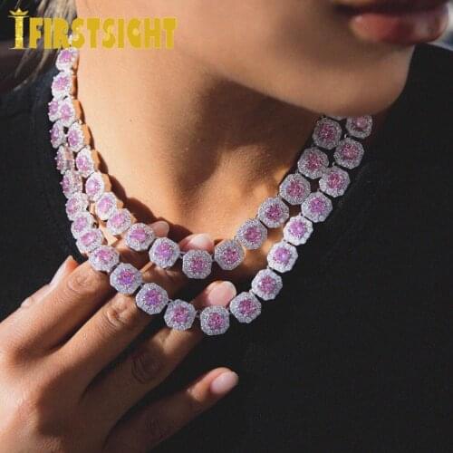 New Iced Out Bling Pink 5A Cubic Zirconia CZ Chokers Silver Color 8mm Square Tennis Chain Necklace Hip Hop Jewelry For Women