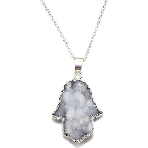 Palm Design Crystal Druzy Pendant Genuine Silvertone-Plating Natural Charm Necklace Slice Druzys 100% Handmade Initial Jewelry