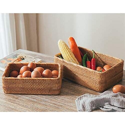 Hand-Woven Rectangular Rattan Basket Fruit Tea Snack Bread Picnic Cosmetic Storage Box Kitchen Supplies Household Tools
