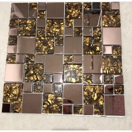 Rose Gold Metal mixed Shell paper Glass mosaic tile, DIY Cabinet kitchen backsplash brick tile,SD-009