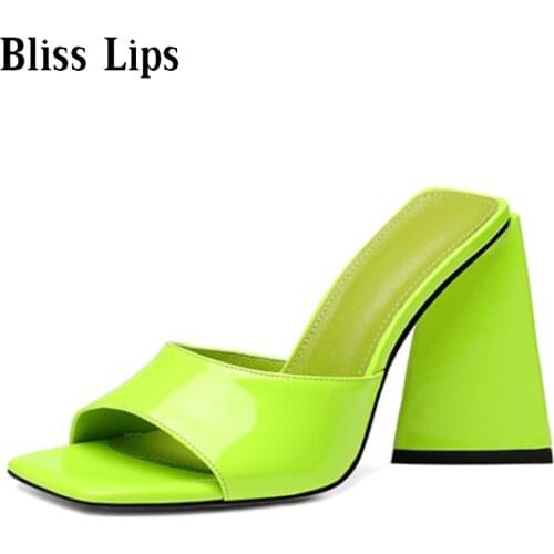 Candy Color Peep-toe Sandals Women Sexy Chunky High Heels Mules Shoes Summer Slides Patent Leather Ladies Slippers Beach Shoes