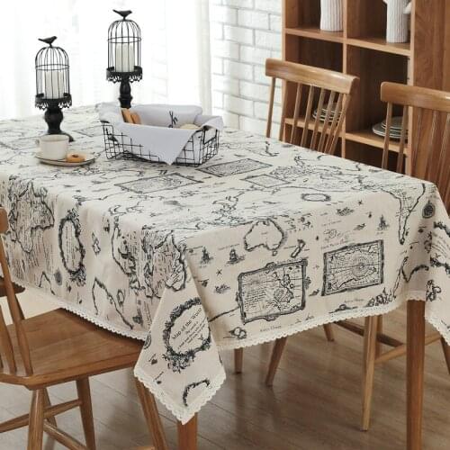 Vintage World Map and Crown Tower Cotton Linen Tablecloth with Lace Hem for Dining Room Picnic Mat Home Cushion Cover Decor