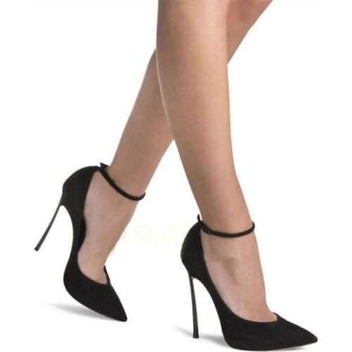 Pumps Super High Heels Sandals Ladies Shoe Buckle Strap Pointed Toe Thin Heel Solid Black Suede Elegant Office Ol Single Shoes