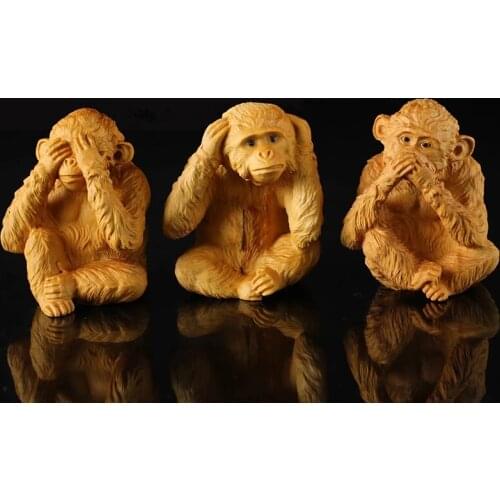 Vintage Wood 3 Monkeys Statue Small Sculpture Wooden Carving Funny Figurines Miniature Home Desk Ornament