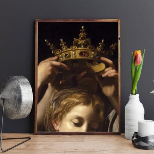 Vintage Oil Painting Girl with Crown Art Poster Europe Classic Canvas Pictures for Living Room Frameless Wall Art