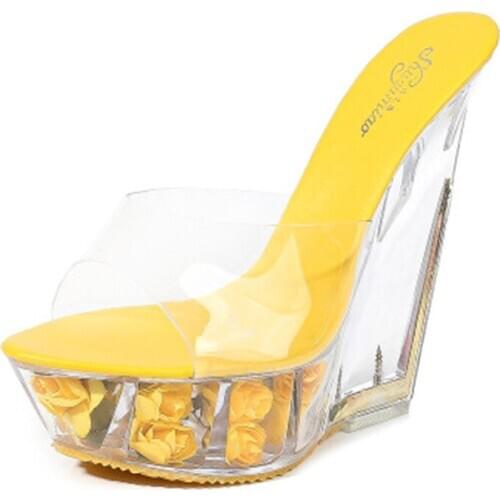 14CM wedge heels, super high heel sandals, high transparent crystal rose shoes waterproof platform, female slippers