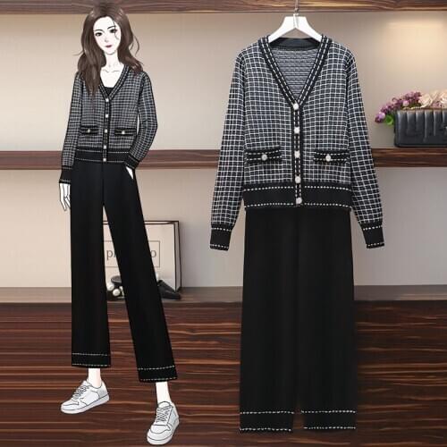Autumn Runway Women Knitted Tracksuit Black 2 Piece Set Plaid Cardigans Tops + Wide leg Pants Two Piece Set Plus Size Knit Suit