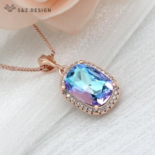 S&Z DESIGN Trendy Luxury Elegant Cubic Zirconia Square Crystal Pendant Rose Gold Necklace For Women Wedding Fashion Jewelry
