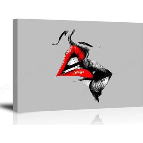 Abstract Sketch Red Lips Canvas Wall Decor Art Lover Kiss Painting Black White and Gray Picture Romantic Home Decoration