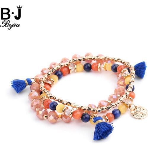 BOJIU Multilayer Natural Stone Tassel Charm Bracelets For Women Cats Eye Turq. Coral Quartz Faceted Crystal Bracelets BCSET286