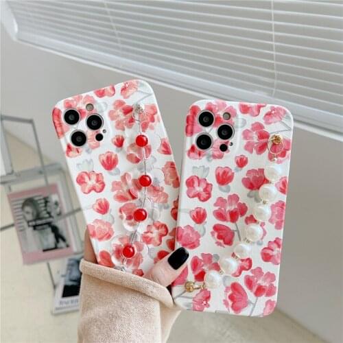 Cute Red Flower Strap Chain Wrist Band Bracelet PU Leather Phone Case for iPhone 12 11 Pro XS Max XR X 7 8 Plus Soft Cover Women