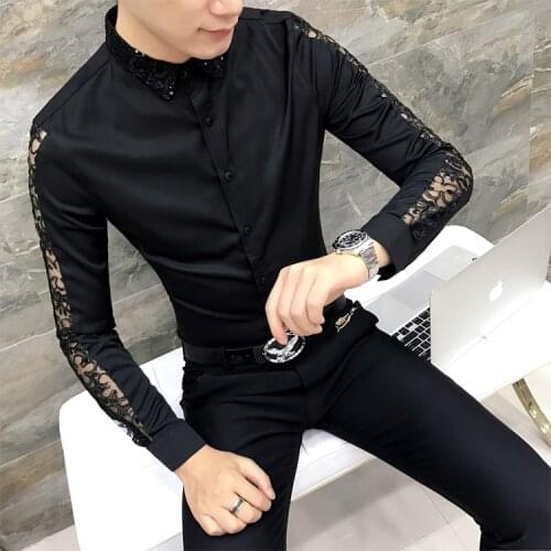 Black Shirts Unique Hollow Out Lace Design Mens Shirt Chemise Slim Fit Homme Social Shirt Dress Long Sleeve Men Camisa Masculina