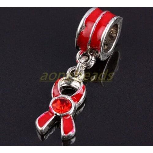 Enamel Big Hole Beads Ribbon Shaped Red Rhinestone Spacer Loose Beads Pendant Charms For Jewelry Making DIY Accessories