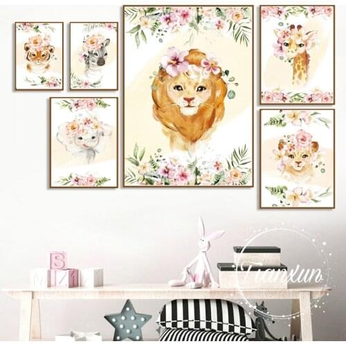 Cute Cartoon Animal Picture Home Wall Modern Art Print and Poster Flower Wall Backdrop Canvas Painting for Kids Bedroom Design