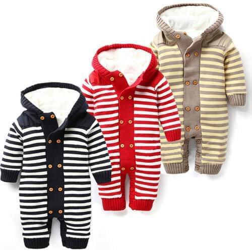 Thick Warm Infant Baby Rompers Winter Clothes Newborn Baby Boy Girl Knitted Sweater Jumpsuit Hooded Kid Toddler Outerwear