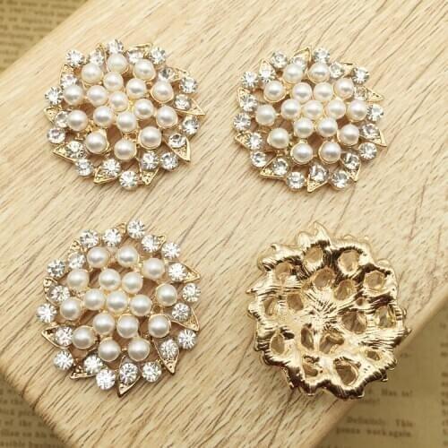 50pcs 32mm round crystal pearl alloy buttons rhinestone metal button gold hair Jewelry accessories Free Shipping
