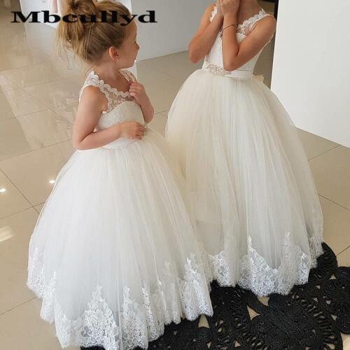 Mbcullyd Sheer Scoop Neck Flower Girl Dresses For Weddings 2020 Lace Applique Primera Comunion Gowns Ball Gown Birthday Dress