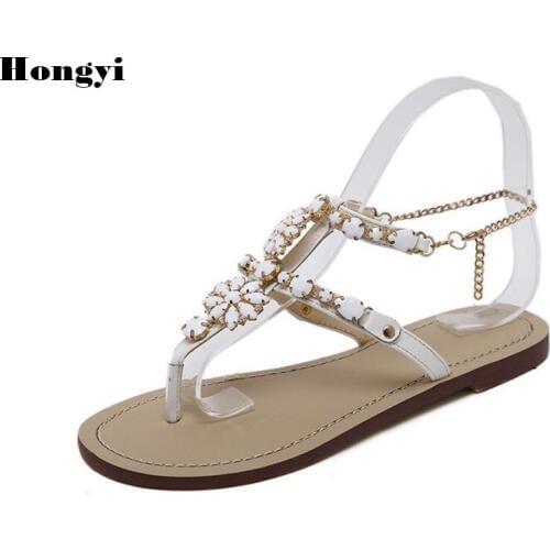 Fashion PU Leather Women Flat Sandals Bohemian Diamond Slippers Woman Chains Flats Flip Flops Shoes Summer Beach Sandals size10