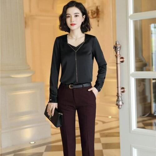 Fashion Two Piece Set Women Black Blouses & Shirts Long Sleeve Office Ladies Pant and Top Sets