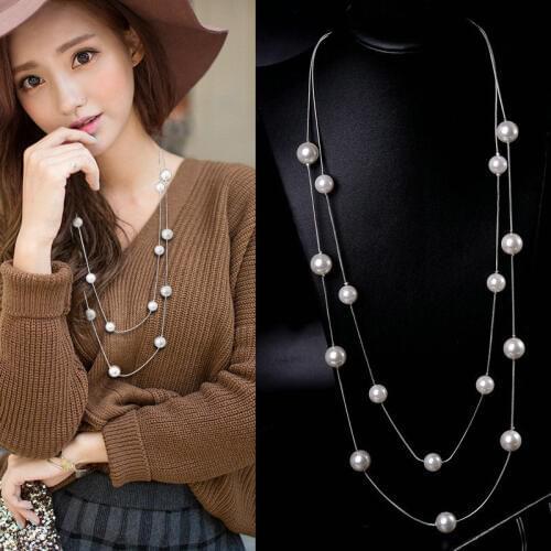 New Long Double Layer Simulated Pearls Necklaces Clavicle Fashion Jewelry Sweater Chain Layered Necklace for Women Necklace