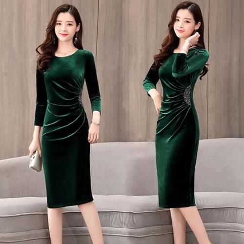 Autumn Women Dresses velvet O-neck Asian Size Dresses Long Sleeve Winter Party Female Dresses Korean Style Elegant Clothing