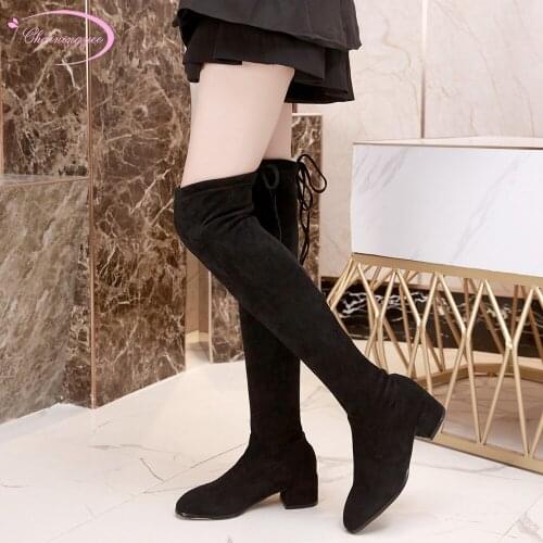 Casual style comfortable round toe flock over knee boots fashion lace-on slip-on medium with chunky riding boots womens shoes