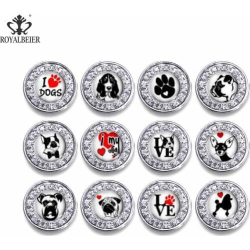 ROYALBEIER 12pcs/lot Cute Dog Theme 18mm Snap Buttons Crystal Rhinestone DIY Accessory Decorative Buttons For Women KZ1005