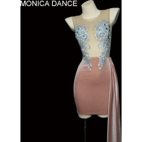 Sexy Sparkly Silver Stones Mesh Pink Blue Black Velve Transparent Dress Birthday Celebrate Evening Party Dress Dancer Dress