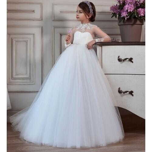 Chic Flower Girl Dresses For Wedding Lace Appliques A Line Kids Pageant Gowns Long Sleeves First Communion Dress