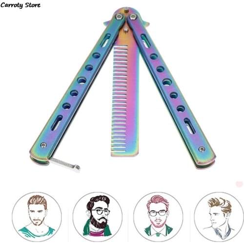 Butterfly Knife Comb Foldable Comb Stainless Steel Practice Training Beard & Moustache Brushes Hairdressing Styling Tool