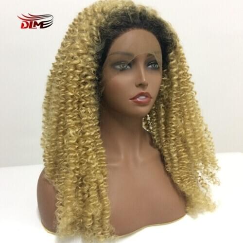 DLME Ombre Blond Curly Wig High Temperature Black Women Wig Kinky Curly Synthetic Wig Lace Front Wigs