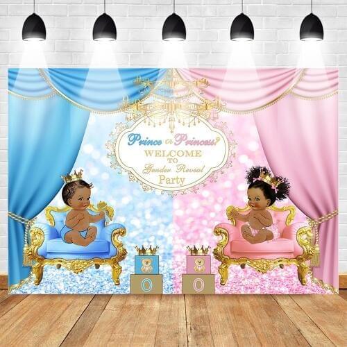 Gender Reveal Theme Party Photo Background Newborn Baby Shower Backdrop Royal Style Crown Gift Pink Blue Curtain Bokeh Backdrops