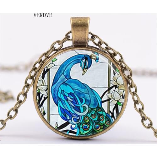 VERDVE 3 colors / lovely colors peacock peacock feather necklace glass dome box pendant necklace bird animal jewelry gifts