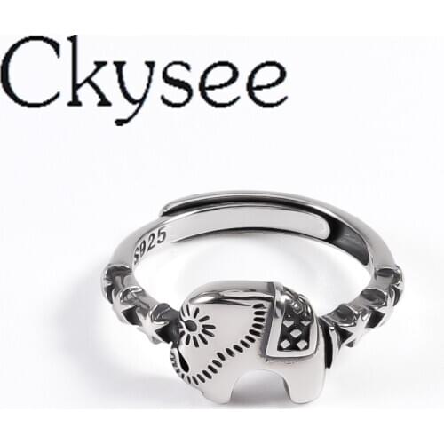 Ckysee 100% 925 Sterling Silver Vintage Distressed Six-Pointed Elephant Adjustable Closed Ring Dia 18mm 925 Silver Charm Jewelry