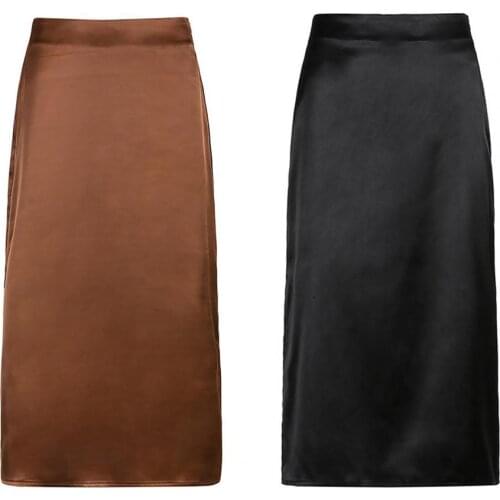 Women Skirt Solid Color Slit Hem Polyester High Waist Loose Long Skirt for Office