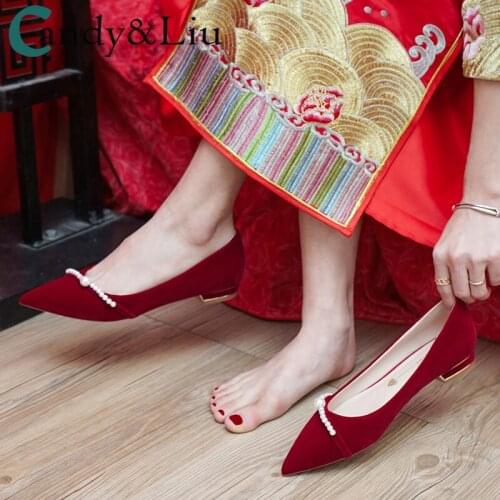 Wedding shoes Pregnant Flat bottom 2020 new brides shoes wine red Chinese clothes low heel pregnant womens crystal shoes