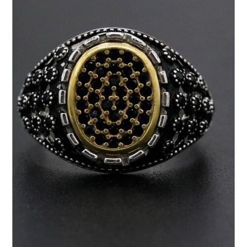 925 Sterling Silver Zircon Ring For Men Women with Black CZ Stones Vintage Hollow Delicate Design Classic Ring Party Jewelry