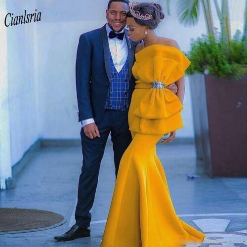 Gold Gorgeous Scalloped Mermaid Evening Dress With Big Bow Sleeveless Black Girls Long Formal Evening Party Dresses