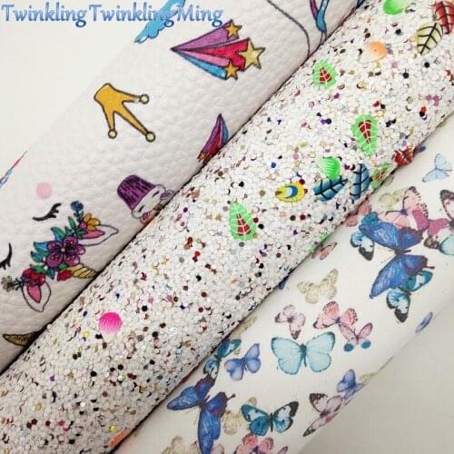 WHITE Glitter Fabric with Peacock Tails, Unicorn Butterfly Printed Leather Sheets For Bow A4 21x29CM Twinkling Ming XM015A