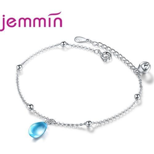 Minimalist High Quality Blue Water Drop Design CZ Stone 925 Sterling Silver Resizable Bracelet Sweet Girls Birthday Gift