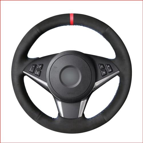 Black Suede Red Marker Steering Wheel Cover for BMW E60 530d 545i 550i E61 Touring 2005-2009 E63 E64 630i 645Ci 650i 2004-2009